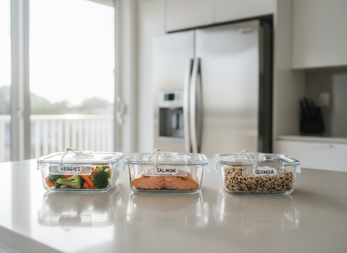 A clean, modern kitchen counter featuring a neatly arranged weight-loss meal prep scene: colorful steamed vegetables, grilled salmon, and quinoa in transparent glass containers with airtight lids, all labeled with small handwritten tags. The counter is a smooth light-gray quartz, adjacent to a large window where soft morning sunlight streams in, creating gentle highlights on the fresh ingredients and subtle reflections on the glass. In the softly blurred background, a stainless-steel fridge and white cabinetry suggest an organized, practical home environment. Photographic realism with a professional, clinical yet warm feel, shot at eye level with a shallow depth of field, emphasizes clarity, order, and a sense of achievable, structured nutrition.